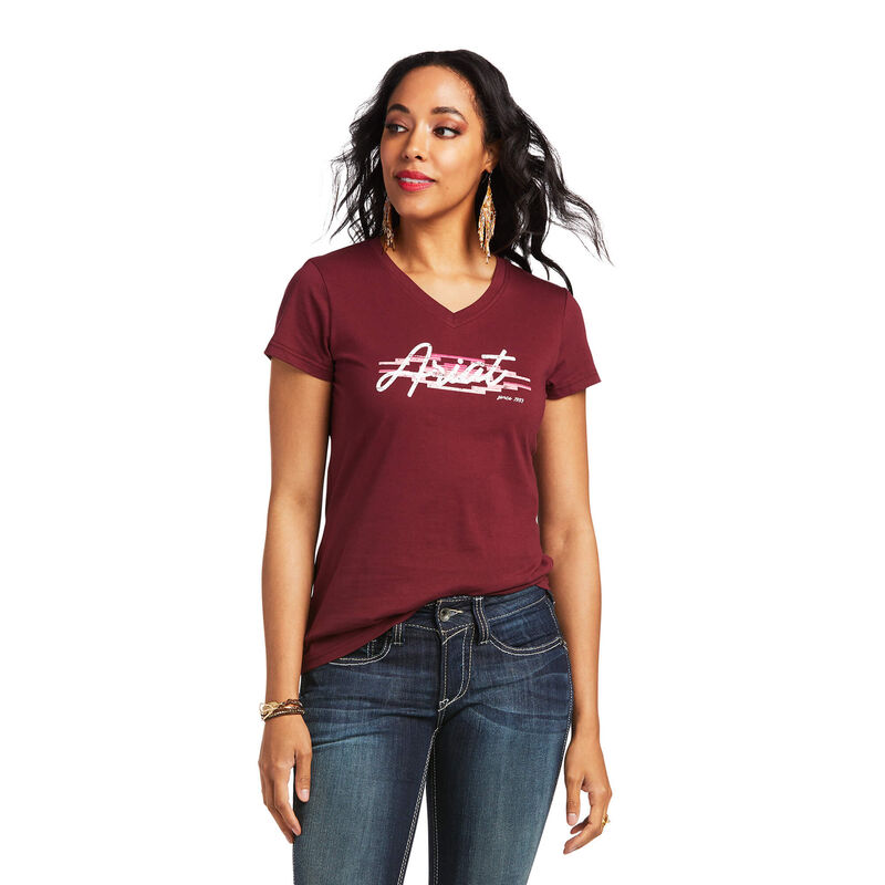 Ariat T-Shirts Damen - Real Logo Script Classic Fit DunkelRot ( OAJXP-8940 )